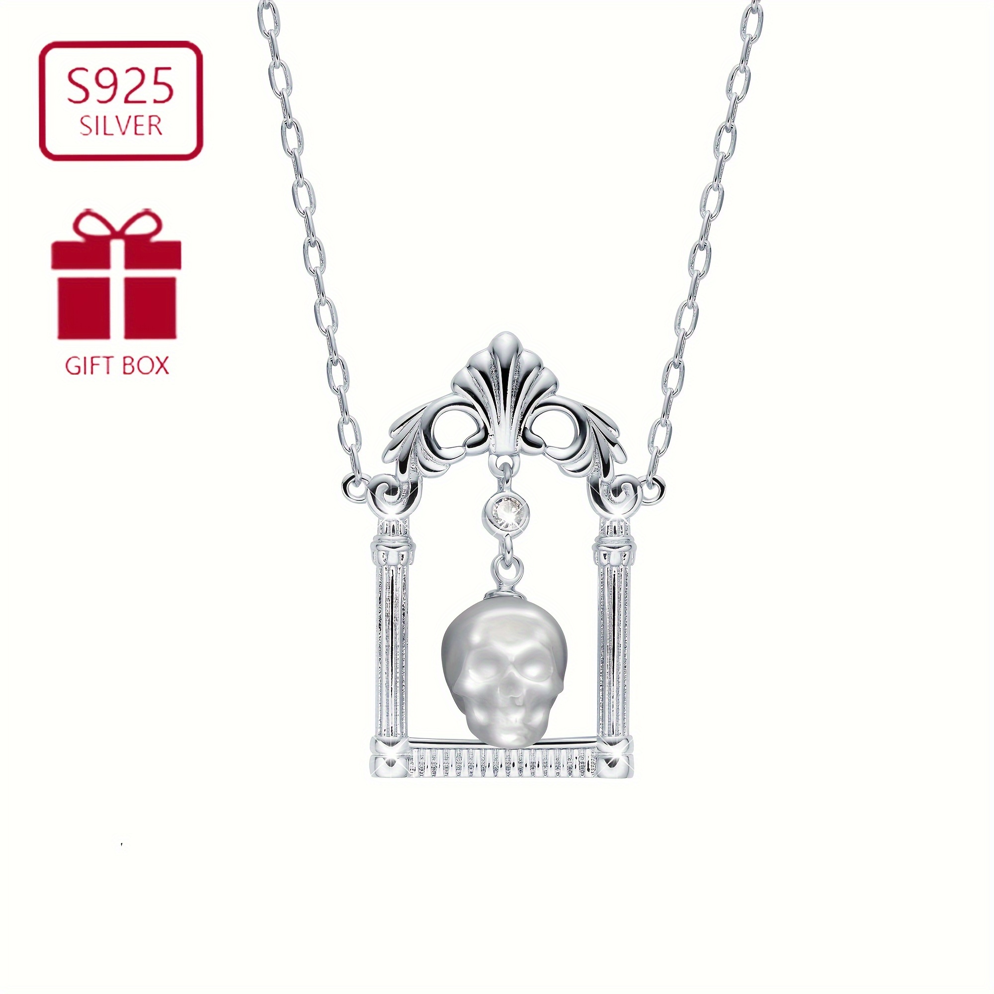 

1pc S925 Sterling Silver Gothic Style Ladies Skull Wedding Door Pendant Necklace, Suitable For Masquerade Party 6.8g/0.24oz