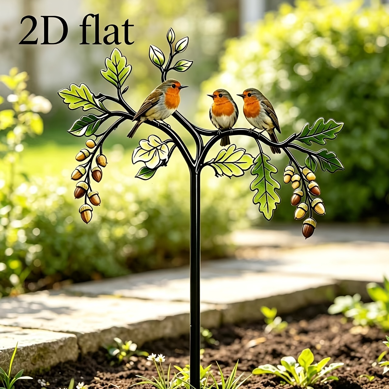 TEMU 2d Flat, [2d Flat] 2d Flat Design, Durable Acrylic Garden Stake Featuring A Design Of , Oak Leaves, , And 3 Robin Birds. Garden Declandscape