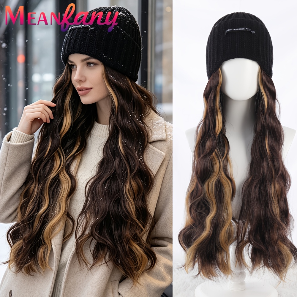 TEMU elegante lunga ondulata liscia con cappello, con cuffia in maglia per donna, facile da indossare, fibra ad , densit�, per l'uso , stile basic