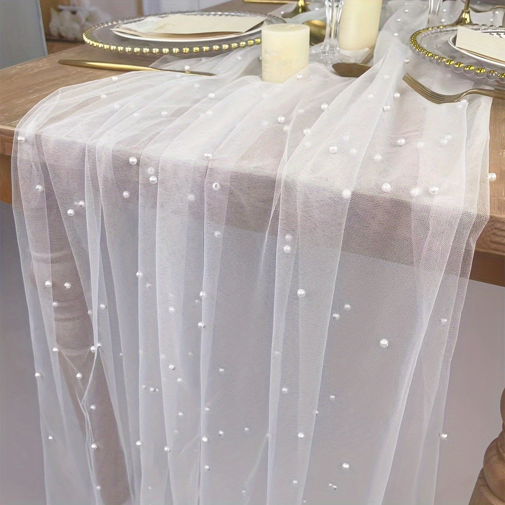 1pc Pearl Tulle Table Runner Pearl Tablecloth Tulle Fabric Wedding Tablecloth Suitable For Bridal Shower Veil Dessert Sweetheart Ceremony Lace Table Decoration New Year's Day/christmas