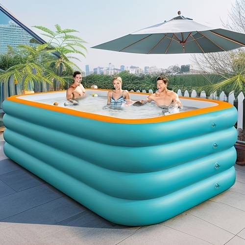 extra large 4 ring inflatable swimming pool for family parties durable pvc no power needed seats 4 9 people with orange accents outdoor fun weddings music festivals valentine s day inflatable pool event water activity party games sturdy construction party hosts