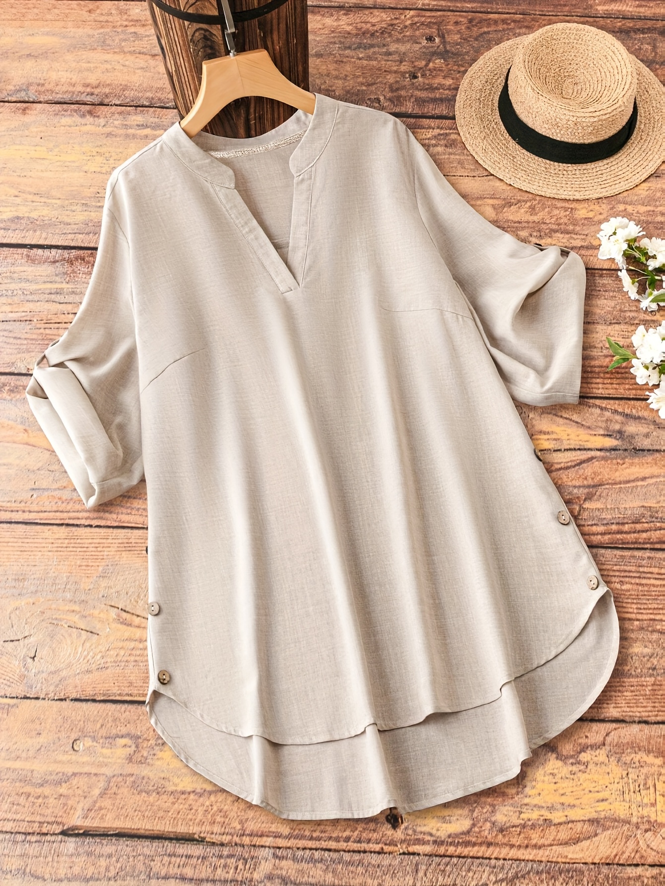 Plus Size Casual V-Neck Sleeveless Blouse with Fake Buttons - Beige, Asymmetrical Hem, Long-Sleeve, Non-Stretch Fabric, Perfect for Spring/Summer, Casual Attire|Vneck Blouse|Asymmetrical Hemline, Plus Size Shirts
