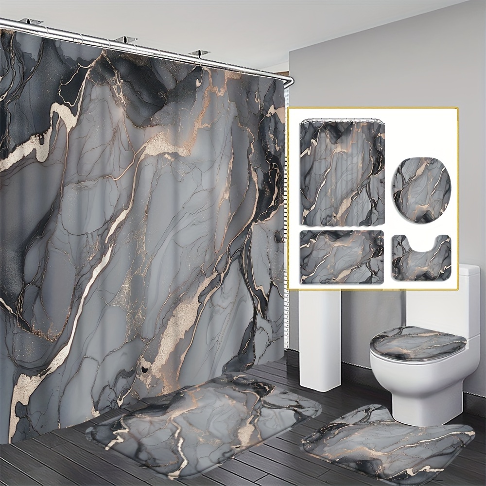 

4pcs Marble Curtain Shower Curtain Decoration, Beautiful Housewarming Gift Decoration, Waterproof Shower Curtain And Toilet Floor Mat -piece Set Comes With 12 Shower Curtain Hooks