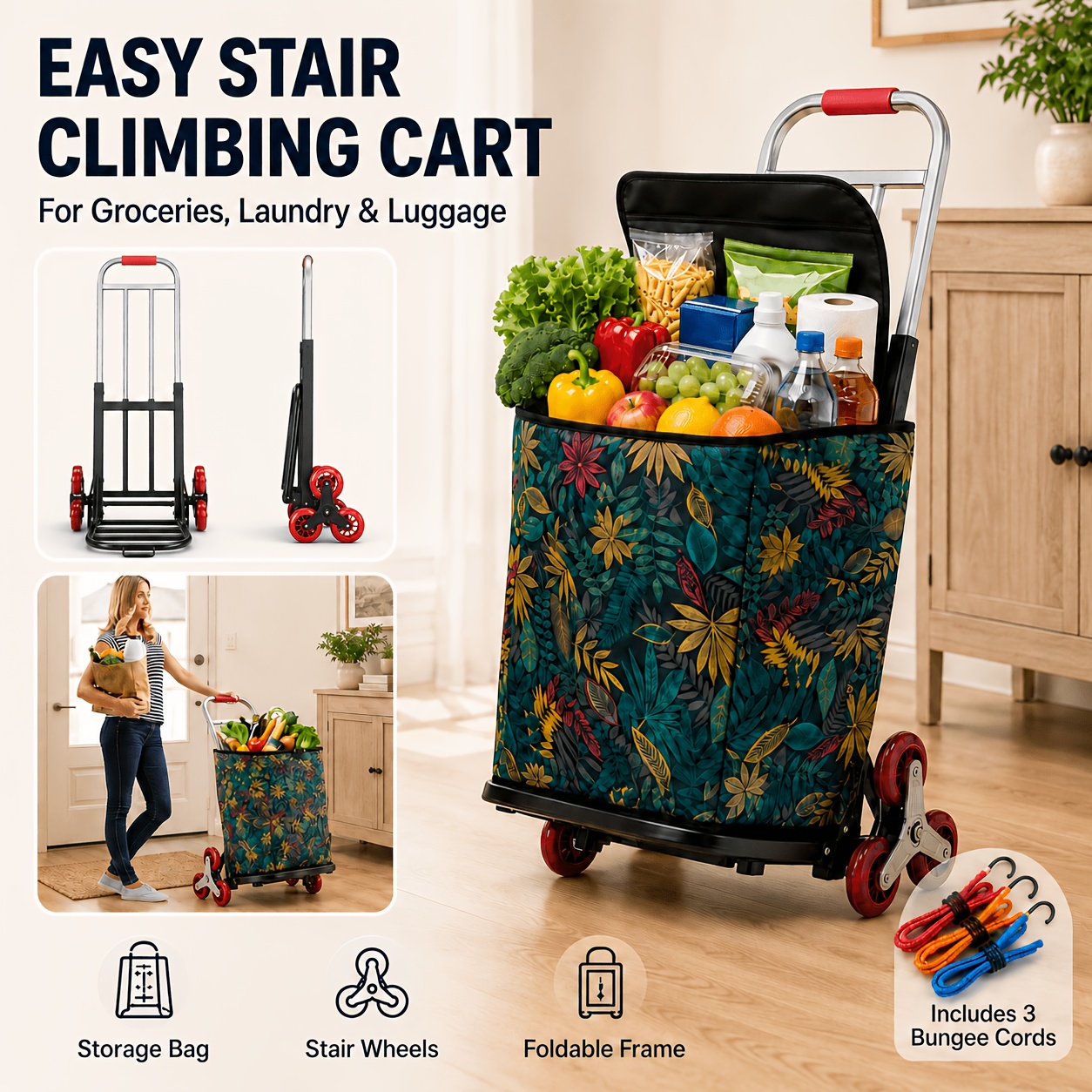 TEMU Folding Stair Climbing Shopping Cart With Removable Large Oxford Storage Bag, Metal Frame Rolling Utility Cart, Portable Luggage Cart And