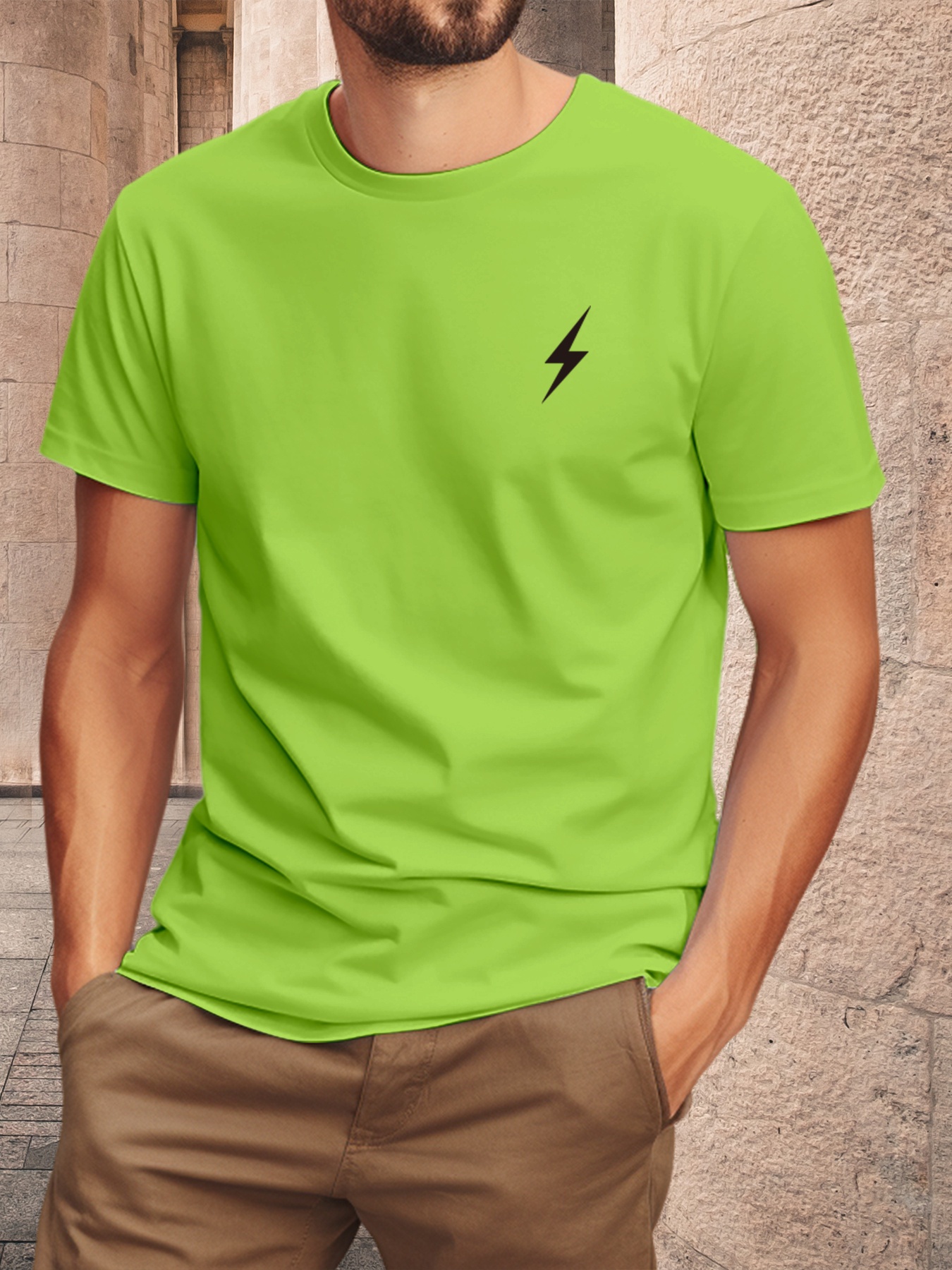 Men'S Lightning Bolt Graphic Print T-Shirt - Cotton Short Sleeve Tee, Green with Black Lightning Bolt Design, Casual Crew Neck, Regular Fit for Casual Attire, Everyday Tshirt | Graphic Tee | Cotton Shir