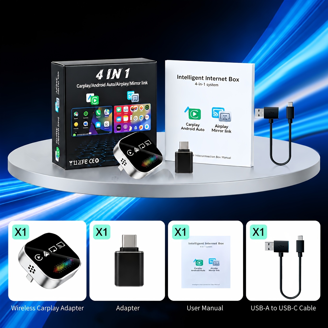 TEMU 2026 Upgraded Mini Adapter, With Colored Breathing Light - Wired To Wireless, , Bt 5.0, Usb & Usb-c Compatible, Works With Ios Carplay & Auto