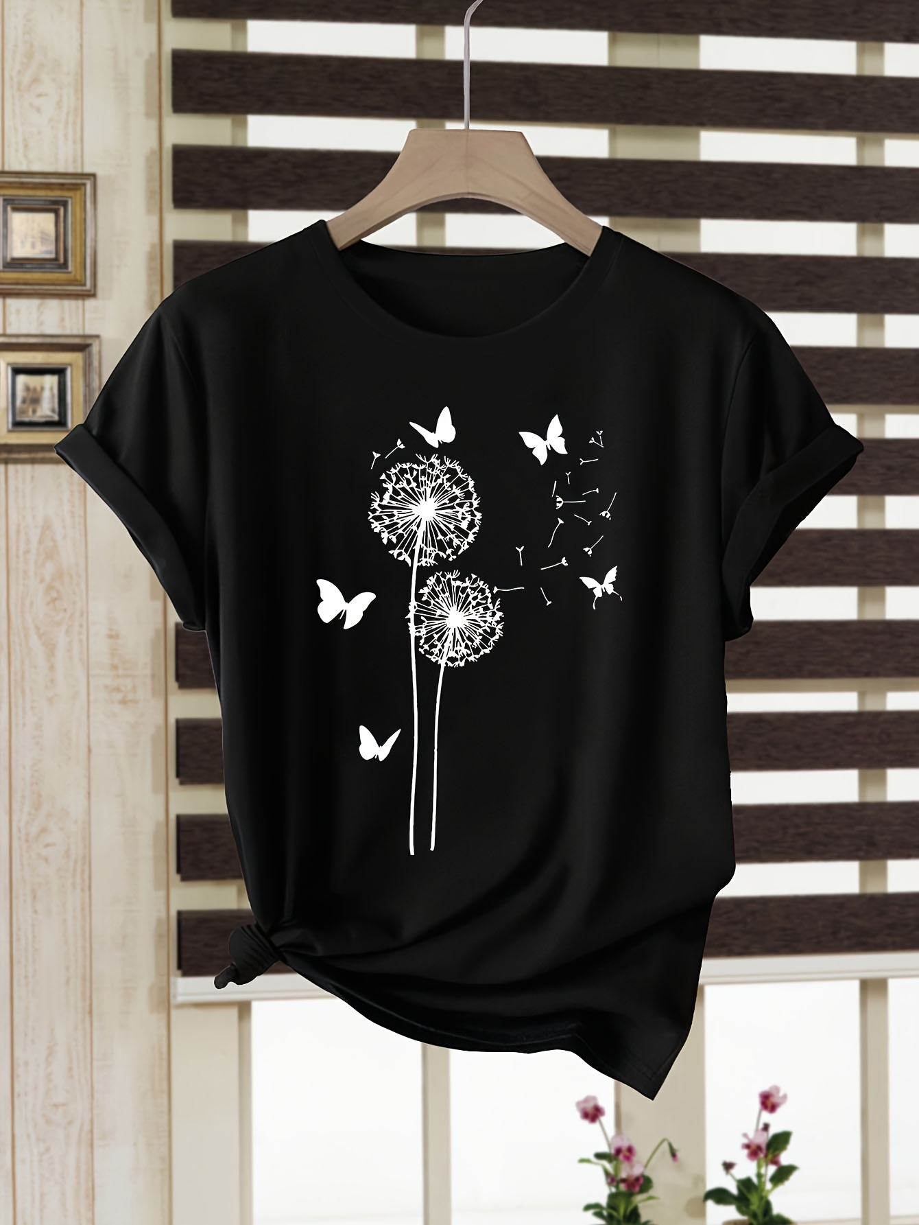 womens blouse short sleeve round neck t shirt with dandelion   print soft casual summer top relaxed fit t shirts suitable for wear machine washable gift for sister or womens fashion apparel