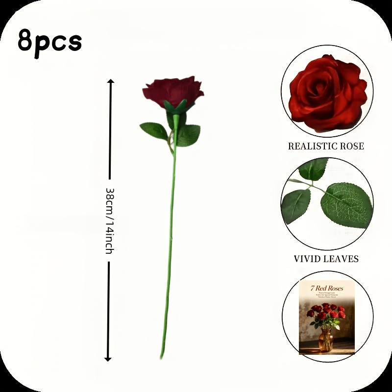 TEMU 8pcs Realistic Long-stem Artificial Roses - Plastic Burgundy Roses, Suitable For Weddings, Mother's Day, Home Decor, And Holiday Table