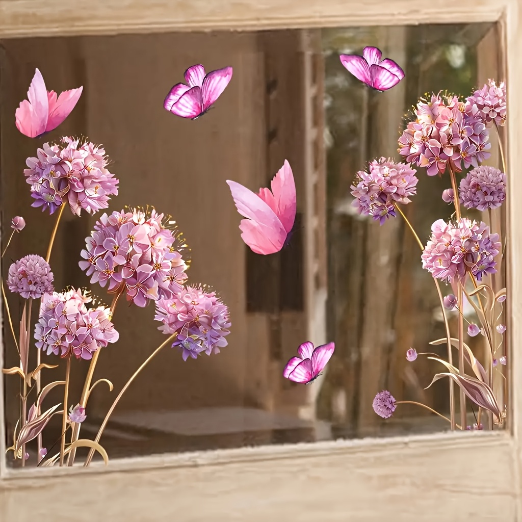 Ins Wind Pink Purple Flower Cluster Window Sticker, Glue-free Self-adhesive Glass Sticker, Flower Window Flower, Bedroom Living Room Romantic Background Wall Sticker