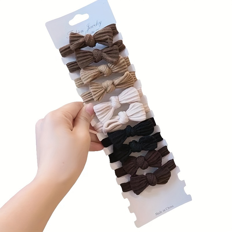 10pcs Ruched Bow Hair Ties, High Elastic Rubber Bands For Hair, Milk Coffee Towel Circle Headband