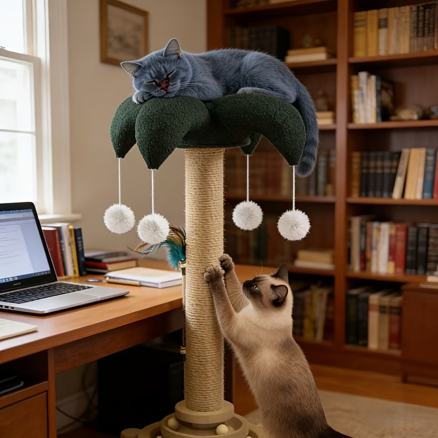 TEMU A Tropical Resort-style Scratching Post Made Of Sword Hemp Rope, Designed For Cats To Sharpen Their Claws While Having Fun. This Stable Playhouse Is Ideal For Indoor And Outdoor Cats, Easy To Put