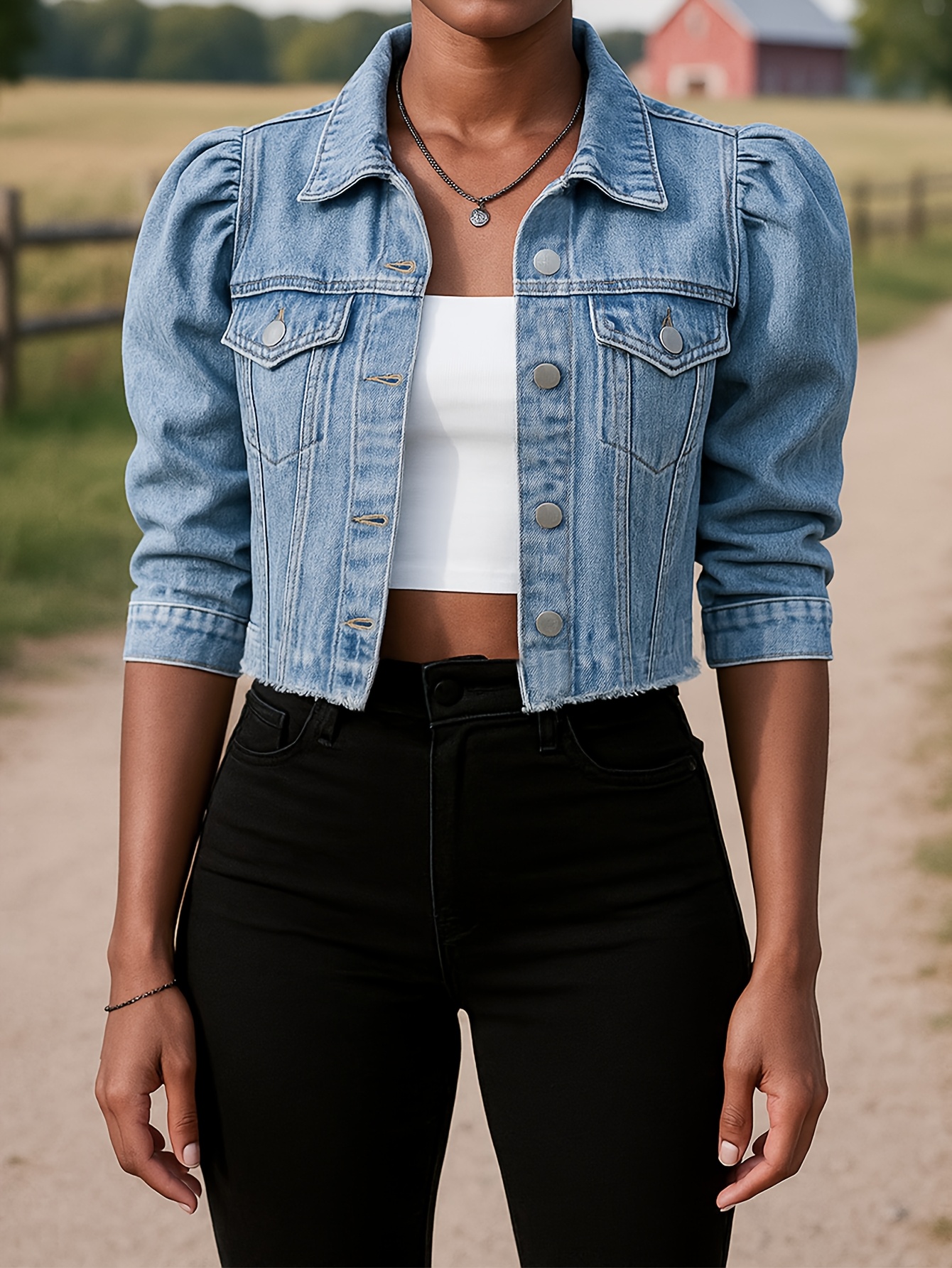 puff sleeve denim jacket sold on Temu United States