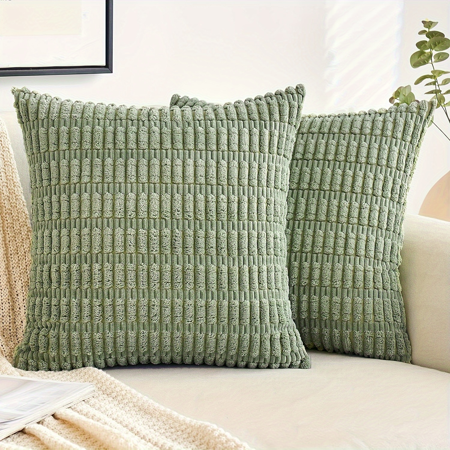 

2pcs/set, Corduroy Decorative Pillow Cover 18x18 Inch Soft Striped Corduroy Cover Bohemian Home Decor For Living Room Sofa Bed Sofa Farmhouse, Sage Green