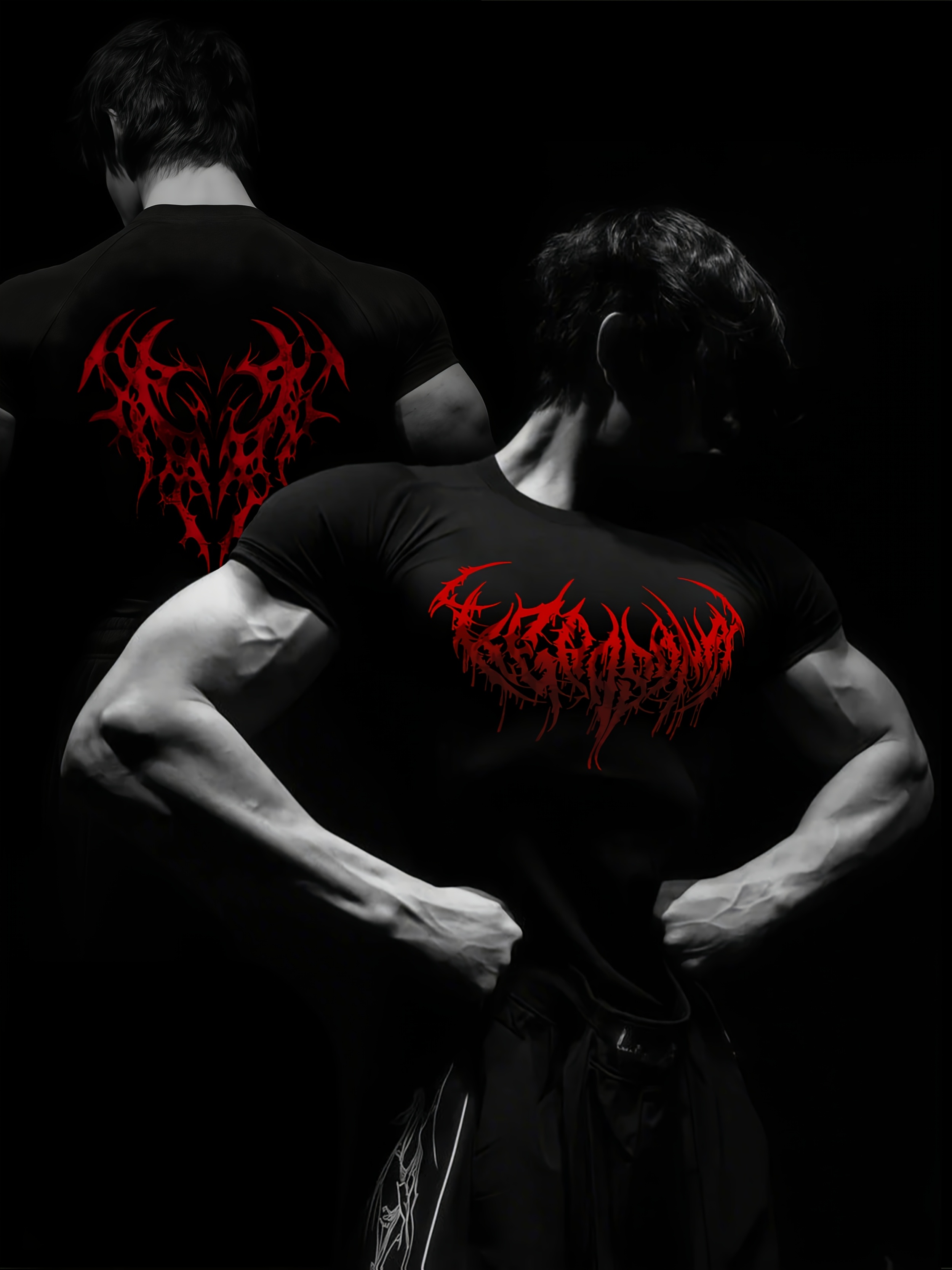 *'S Gothic Muscle Workout Shirt Red/Black Polyester Spandex Gym Tee with  Spike Heart Back Graphic, High-Stretch Bodybuilding for