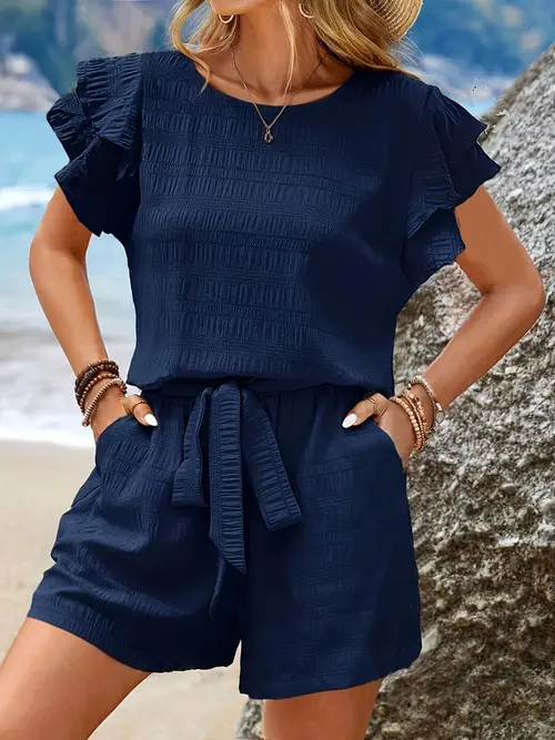 belted slant pocket texture two piece set casual flutter sleeve top loose shorts outfits womens clothing