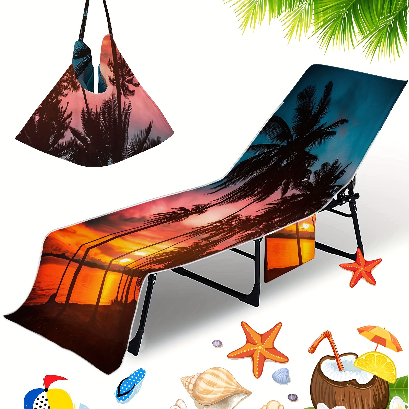 TEMU Contemporary Palm Tree Pattern Polyester Beach Chair Cover Towel - 1 Pack, 250gsm Knitted Fabric, Quick-dry Lounge Towel With Pockets, Leaf