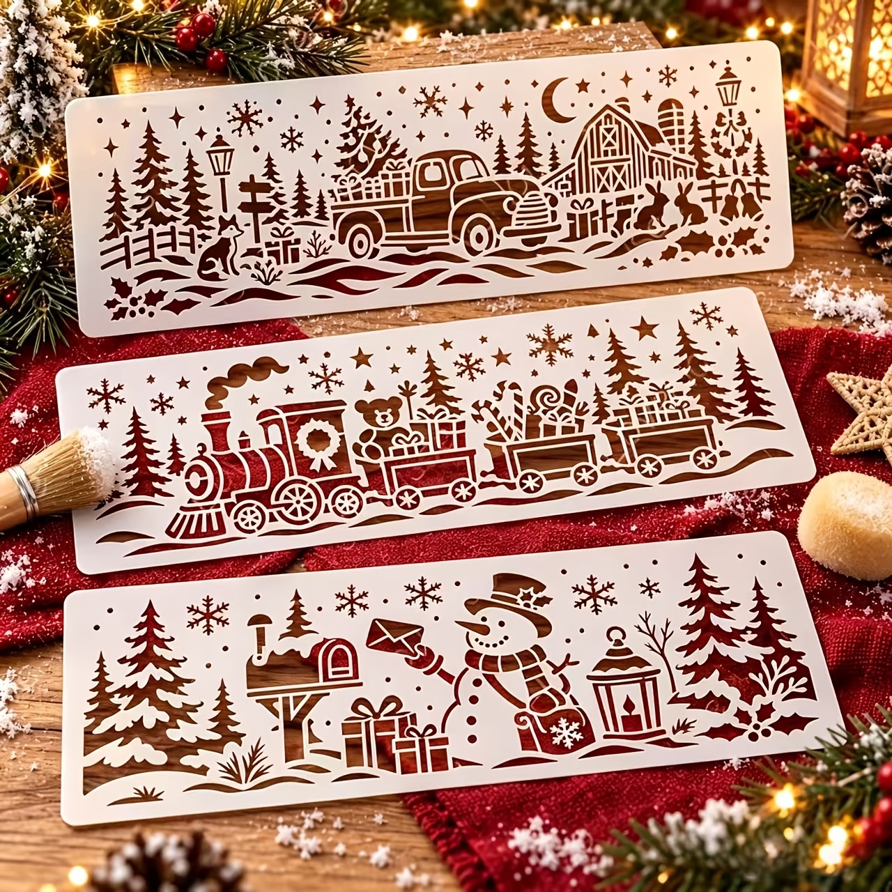 TEMU 3pcs Reusable Christmas Stencils Suitable For Diy Crafts With Snowman, Truck, Train, Pine Tree & Snowflake Templates - Precise Cutouts For