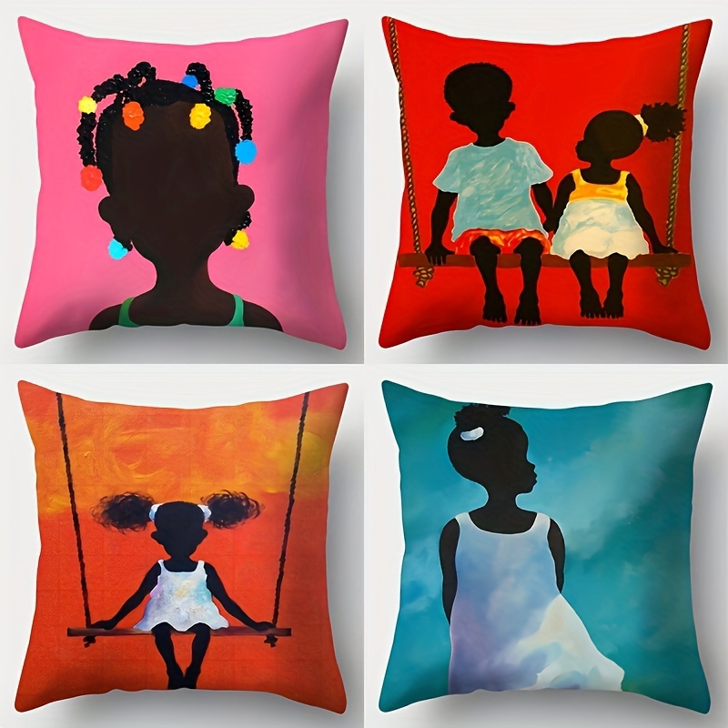 

Set Of 4 African Style Throw Pillow Covers 18x18 Inch, Contemporary Art-themed Decorative Cushion Cases, Durable Polyester Zippered Pillowcases For Sofa, Porch, Living Room - Machine Washable