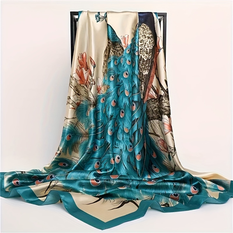 TEMU Boho Chic Polyester Square Scarf For Women - Elegant Peacock Print Satin Scarf - Versatile Accessory For , Hand Washable, Decorative Windproof And , Printed Square Towel 35