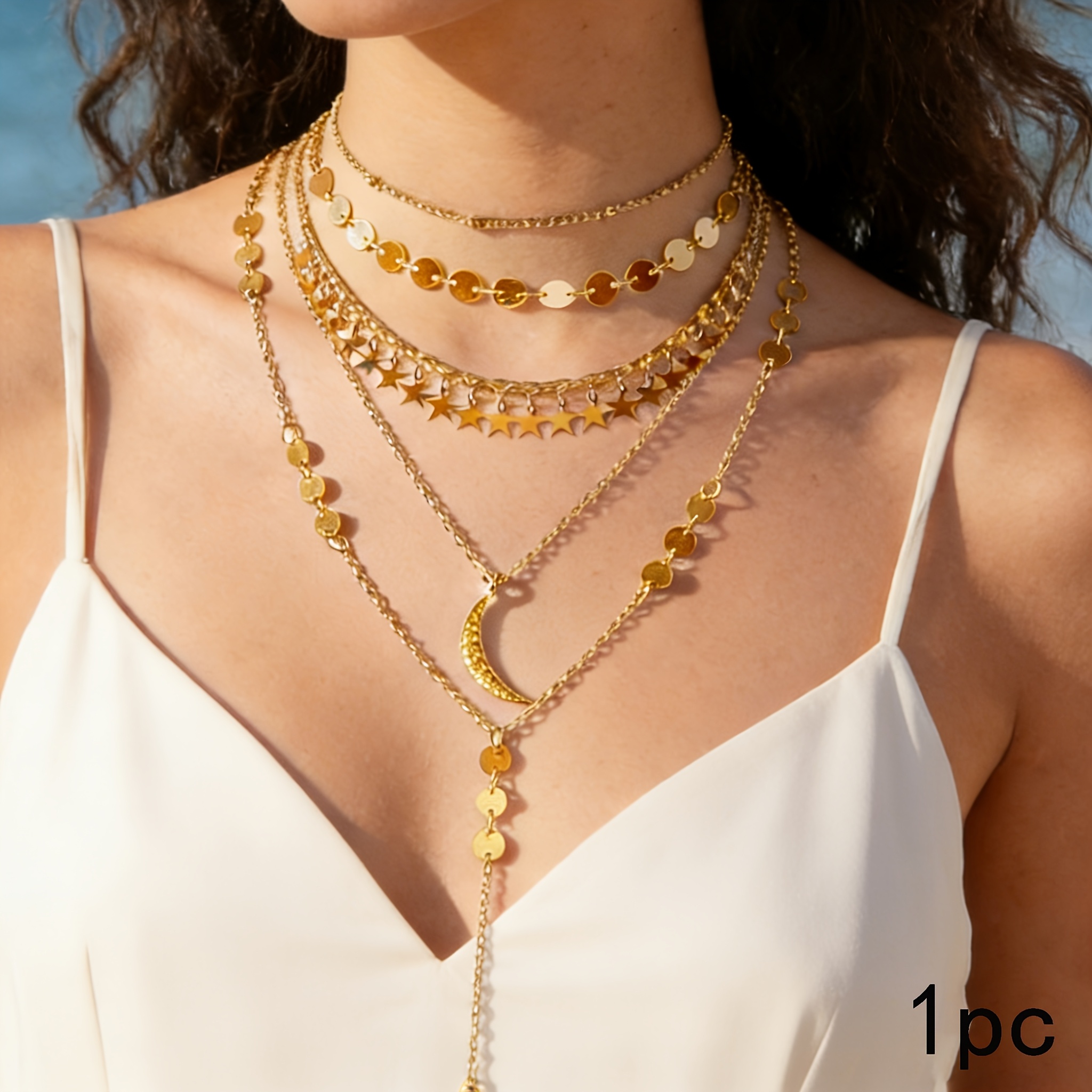 TEMU 1pc Women's Plated Y-shaped Layered Necklace With Tassel Pendant - European Elegant Chain Suitable For Parties, Ramadan Gifts, Wear, Coated For