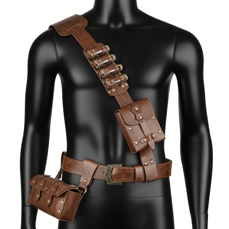 Image of 7pcs Medieval Tactical Belt Accessory Set, Vintage Renaissance Waist Bag With Potion Bottle Holder - Perfect For Larp Role-playing Halloween Costumes And Performance Props, Without Battery