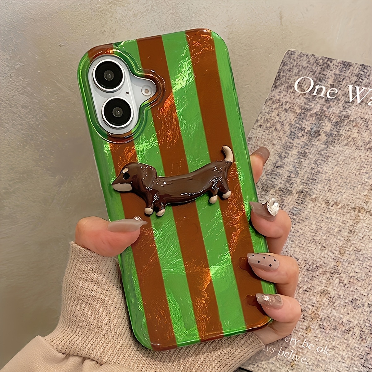 TEMU Ind Green Striped Puppy Phone Case With Perforated Vortex Design, Compatible With Iphone Models 11, 12, 13, 14, 15, And 16 Pro Max.