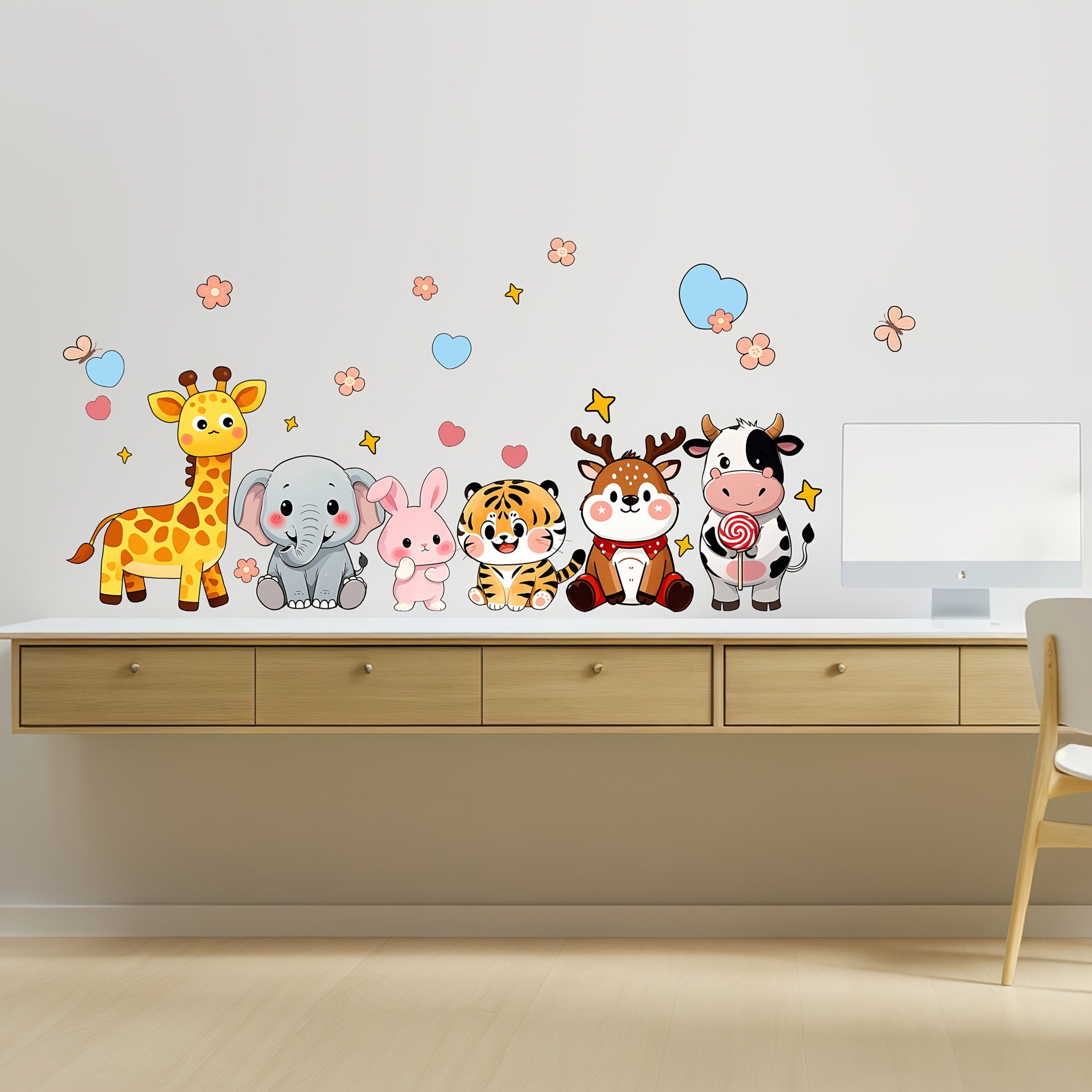 Self-adhesive Animal Wall Stickers - Cute Giraffe, Elephant, Lion, Cow, Rabbit, Tiger, Zebra, Panda, Hippo, , Crocodile, Chimpanzee, Monkey