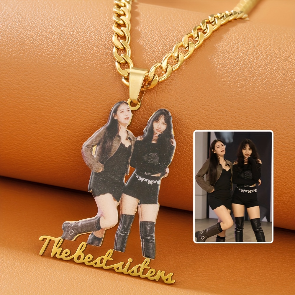 TEMU 1pc Personalized Hip Hop Style 304 Stainless Steel Plated Cuban Chain Portrait Name Pendant Ladies Necklace Custom Picture Suitable For Gift