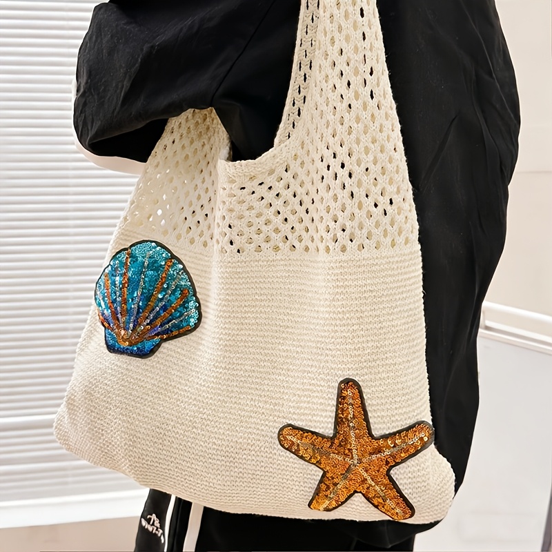 TEMU Large Capacity Knit Bag Shoulder Shopping Bag For Women Tote Bag Female Handbag Crochet Bag