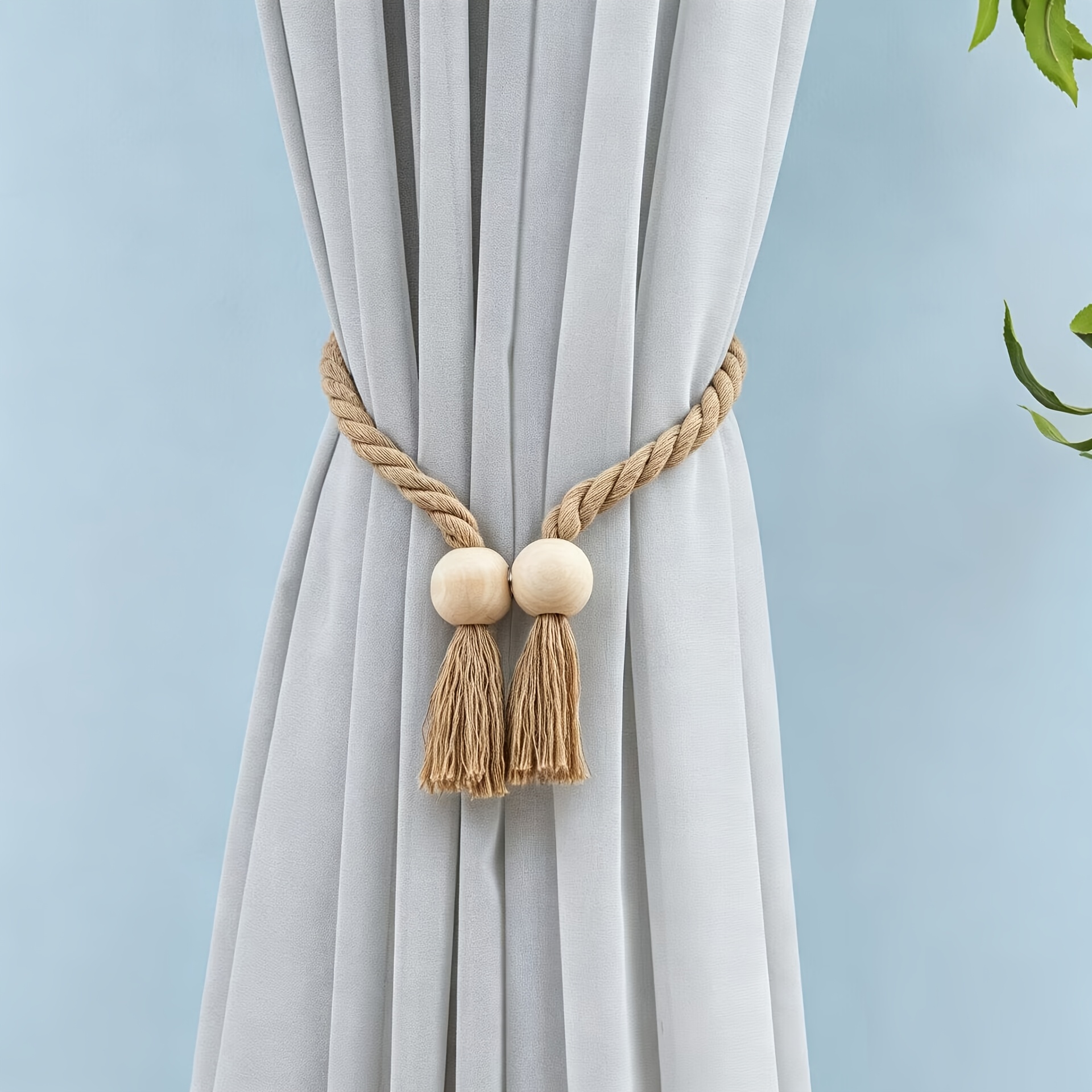 TEMU 1pc Bohemian Style Handmade Magnetic Curtain Tieback, Simple Wooden Tassel Curtain Hook, Creative Curtain . Suitable For Bedroom, Living Room,