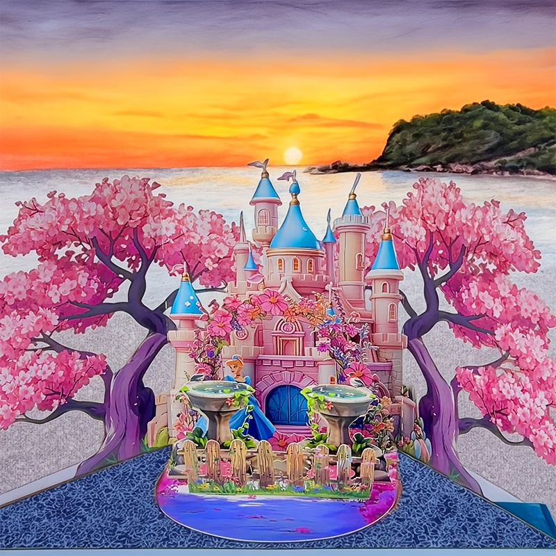 E-shop Kirschblüten--fach Pop-Up Karte, Schöne Prinzessin stehend unter Blumenverziertem unter Kirschblüten-Schloss, Vögel am Teich, Friedliche ,