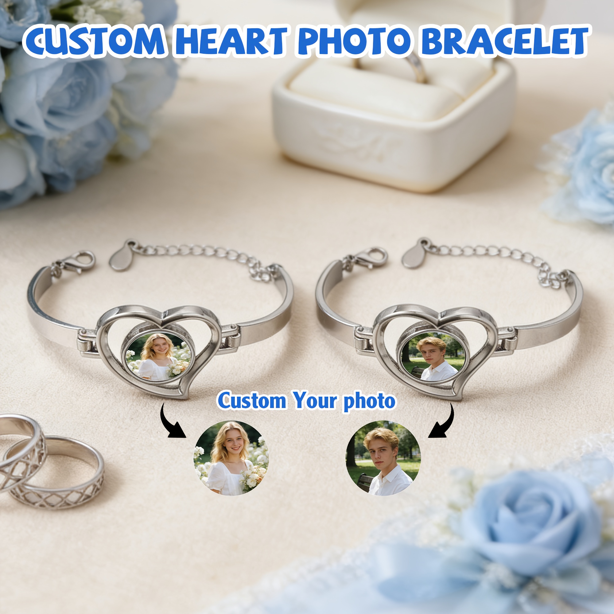 Custom Photo Heart-Shaped Bracelet, Personalized Gift for Her