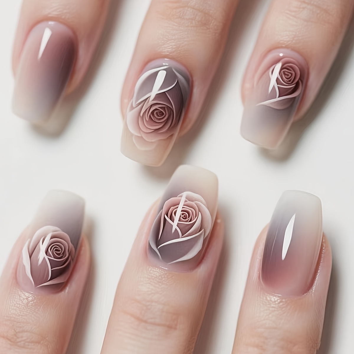 TEMU 24 Pezzi Unghie Finte Riutilizzabili Lucide - Design Rosa , Forma Quadrata Media Lunghezza per Donne, Accessori per Manicure Quotidiana e