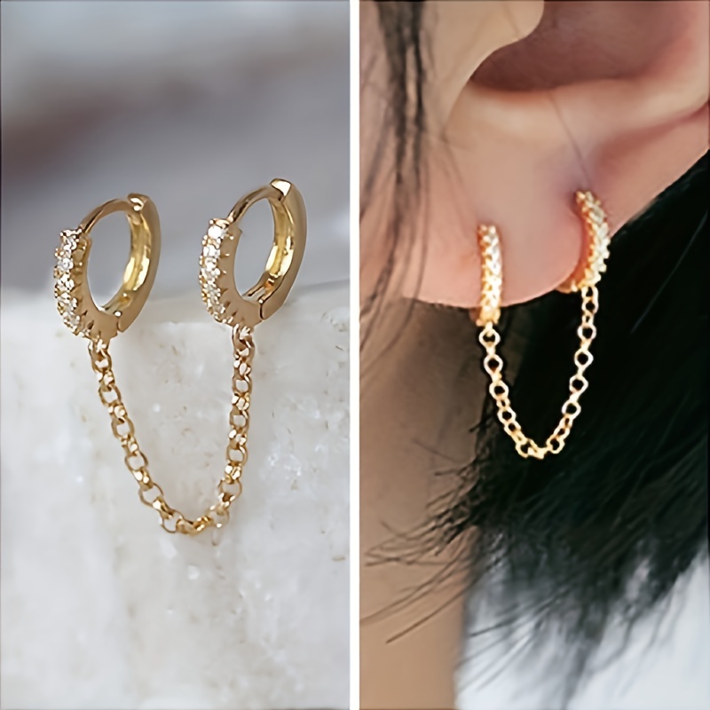 

Color Chain Earrings For Women | Double Piercing Dangle Chain Huggie Hoop Earrings | Cubic Zirconia Pearl Stud Ear Cuff Earrings For Women