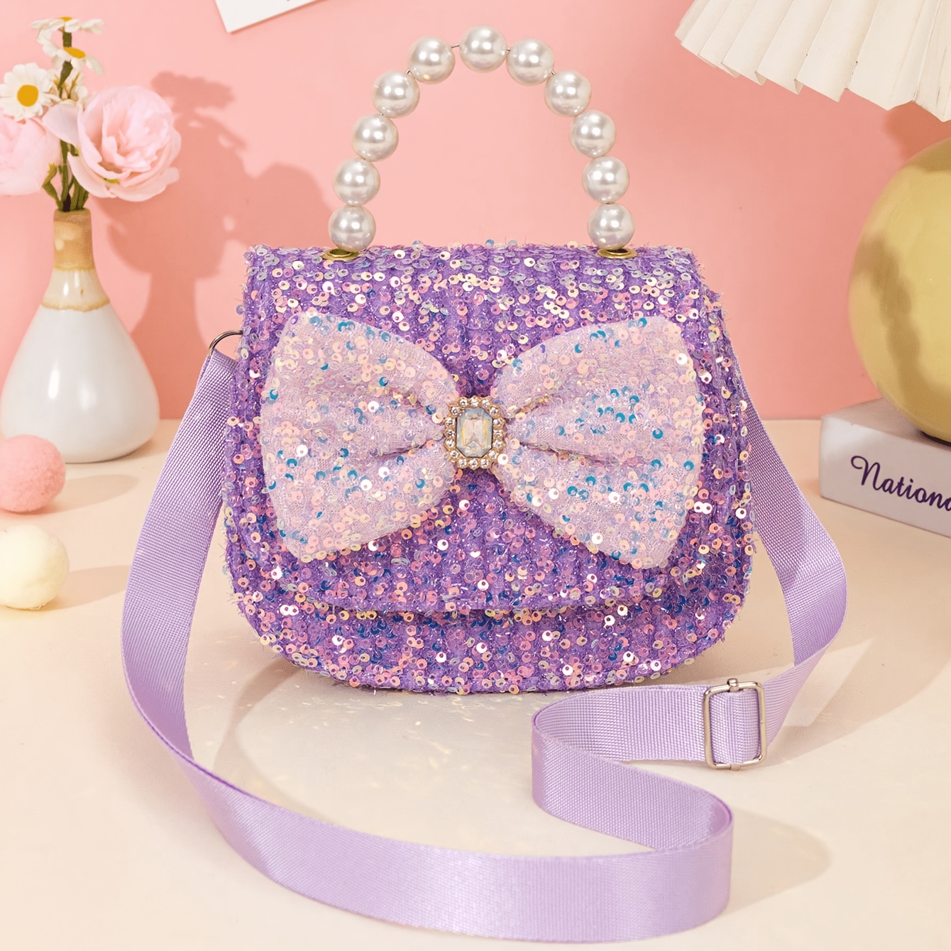 TEMU 1pc Sequin Material Large Bow Decoration Pearl Strand Handbag, Adjustable Crossbody Bag, Suitable For , Birthday Gift, Holiday Gift
