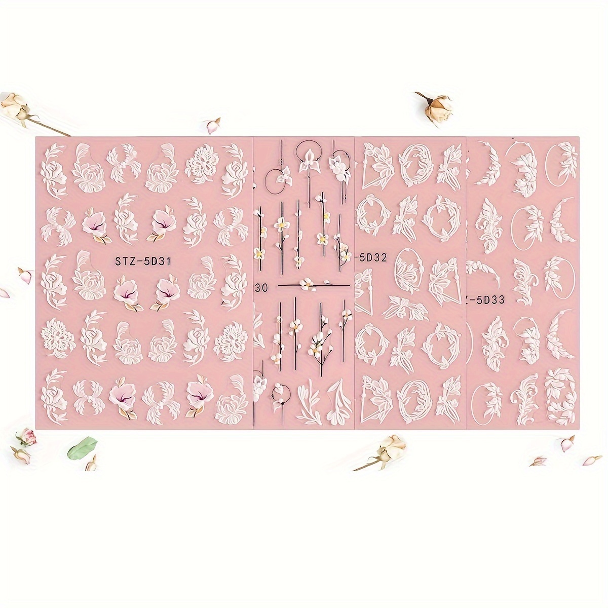 TEMU 4 Pack 5d Embossed Flower Nail Art Decals, Vinyl Self-adhesive Rose Appliques For Nails, 3d Acrylic Floral Manicure Embellishments, Glossy Plant Themed Nail Embroidery Decor, Formaldehyde-free