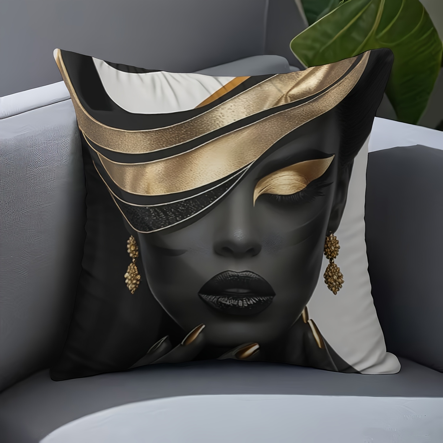 TEMU 1 Elegant Black And Golden Geometric Art Parabola Pillows, Made Of High-quality Short-pile Polyester Fabric With Zipper - Living Room, Bedroom,