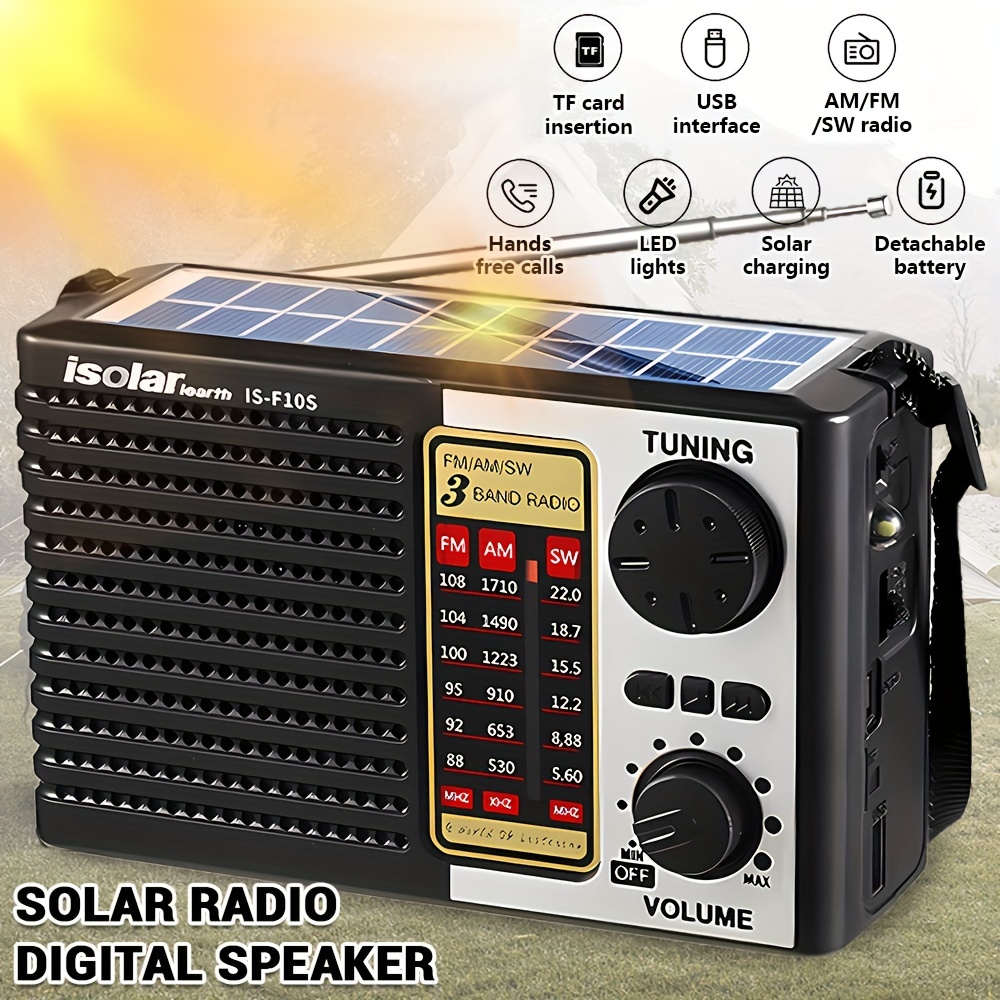 

Solar Emergency Radio, Am/fm Digital Speaker With Led Lights, Usb And Tf Card Interface, 3 Charging Methods Including Solar Panel, Adjustable Volume, For Outdoor Activities
