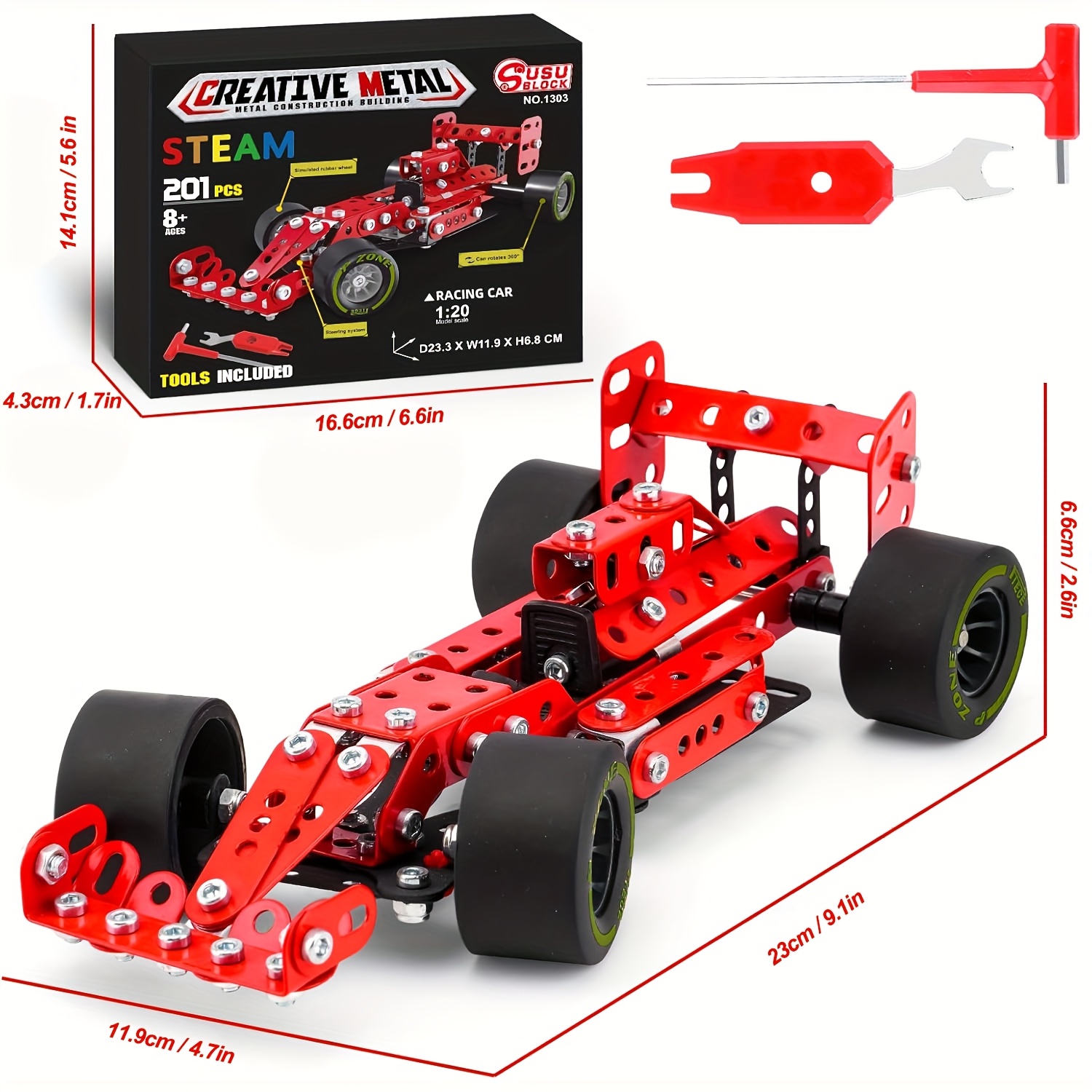 Image of Building Kit Model, 1:20 Scale Race Metal Model Stem Project Building, Erector Set Toys For Boys 8-12, Red Vehicle Diy Assembly Metal Model