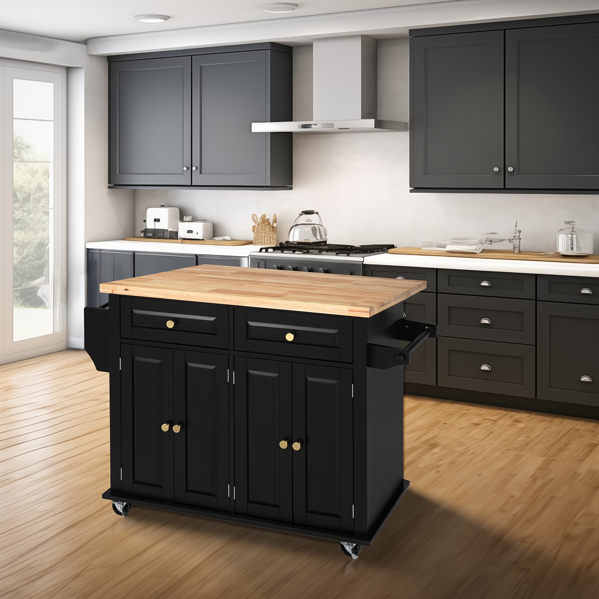 Rolling Kitchen Island with Drop Leaf, Thicken Rubberwood Top, Spice Rack, Towel Rack, Drawer, 43.3
