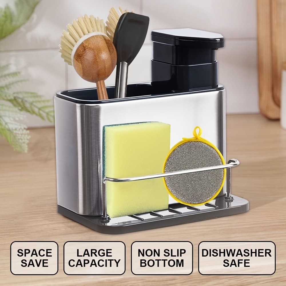 3 in   organizer rack with soap dispenser sponge holder drain stainless steel lead free freestanding design for dishwashing essentials details 3