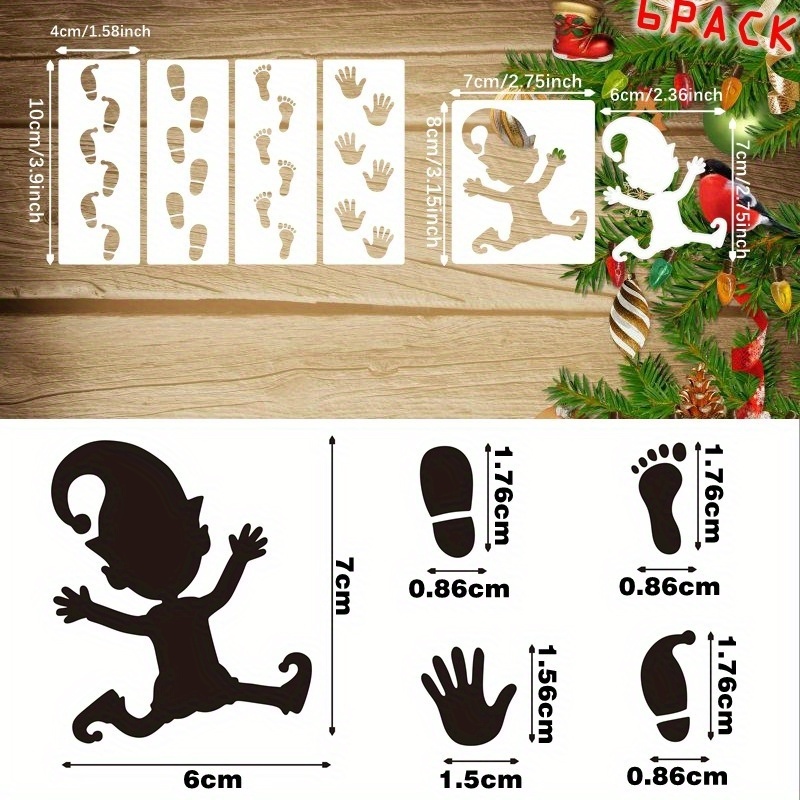 6-pack Reusable Winter.christmas Elf Stencils, Santa Footprints & Snowflakes, Polyethylene Terephthalate, Diy Holiday Floor Drawing, Elf Boot For Xmas Decoration