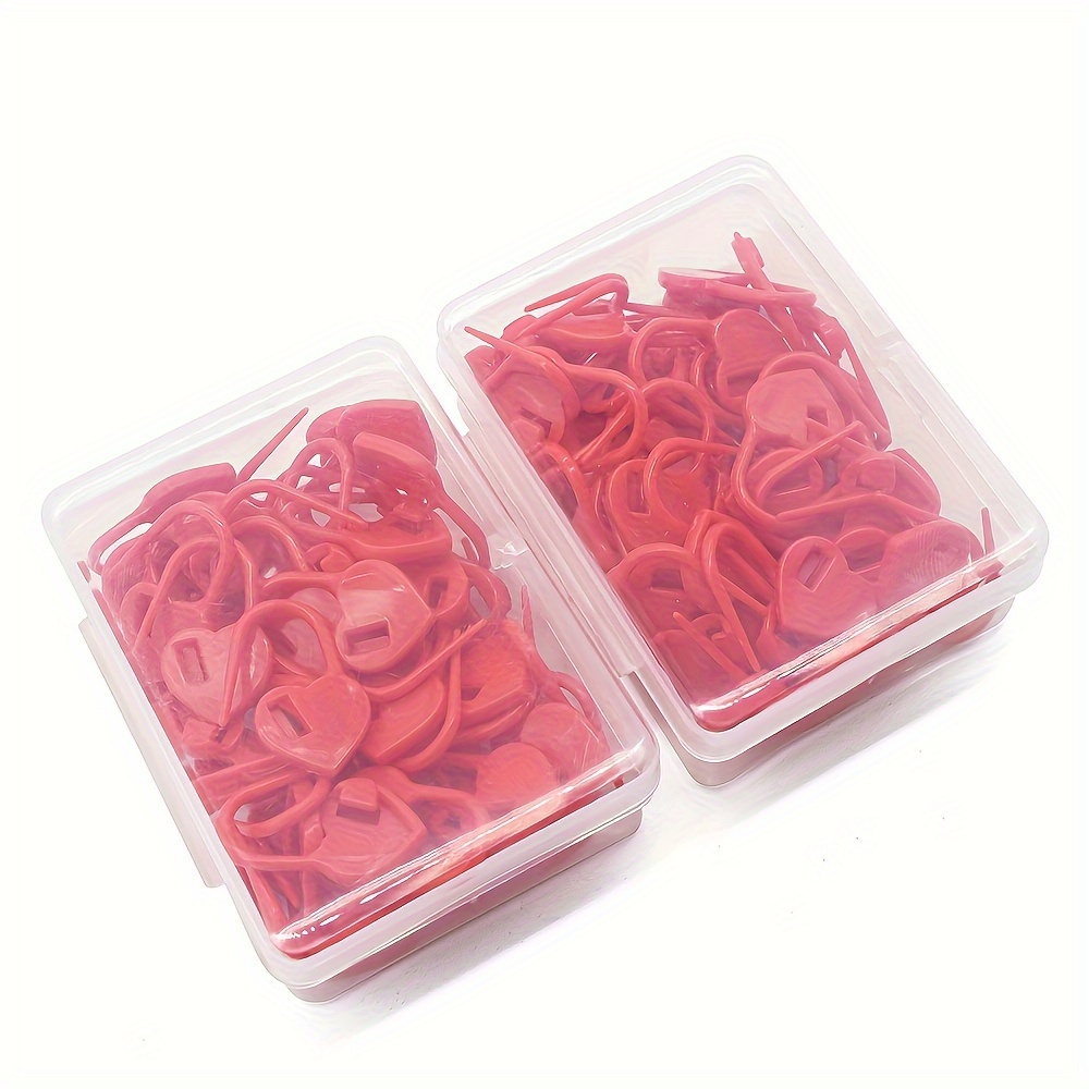 

50 Pack Red Heart-shaped Locking Stitch Markers For Knitting & Crochet - Plastic Counting Pins Sewing Notions In Clear Storage Box