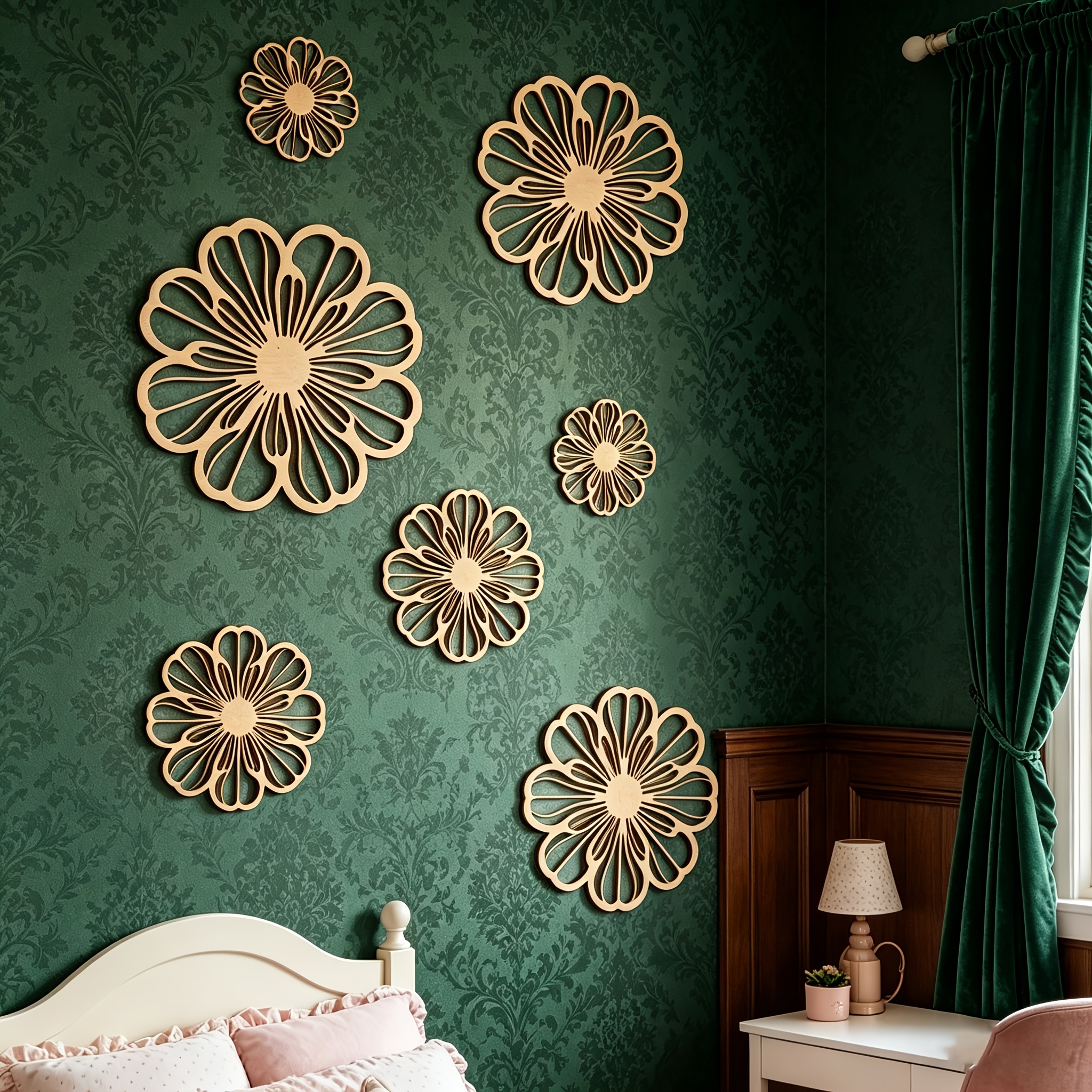TEMU Plat 2D, 7 pièces Décoration Murale en Bois 2D, Suspension Murale Fleur Ajourée, Style Bois Naturel Nordique pour Salon, Chambre, Chambre de