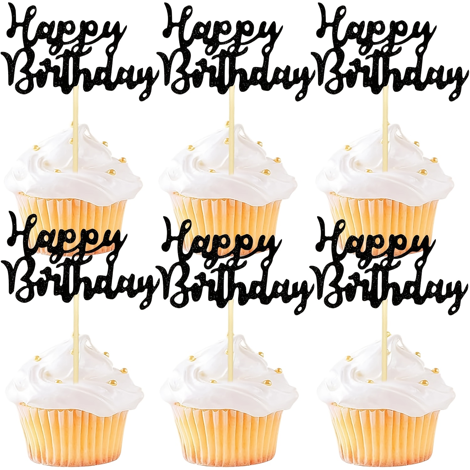 Image of 48pcs Pre-assembled Black Glitter Happy Birthday Cupcake Toppers Cake Food Fruit Picks For Celebrating Birthday Party Decoration Supplies
