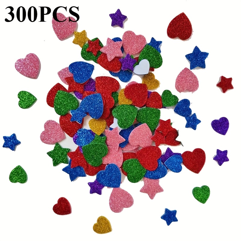 300pcs Fantasy Glitter Foam Stickers - Vibrant Self-adhesive Reusable Vinyl Shapes For Crafts, Projects, Greeting Cards, And Home Decor - Mixed Colors, Heart & Star Designs, And Remove