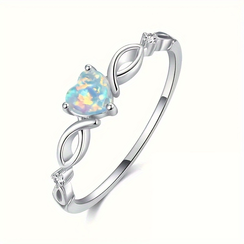 TEMU Inlaid Opal Heart Shape Silvery Ring, Elegant Simple Charm Design Style, Perfect Gift For Christmas, Valentine's Day, Birthday