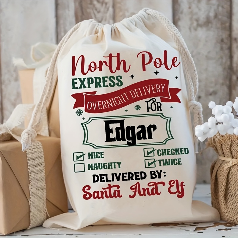 TEMU 1pc Personalized Extra Large Santa White Canvas Bag With Drawstring Closure - Custom Names And Letters, Holiday Christmas Party Gift Bag, Unique