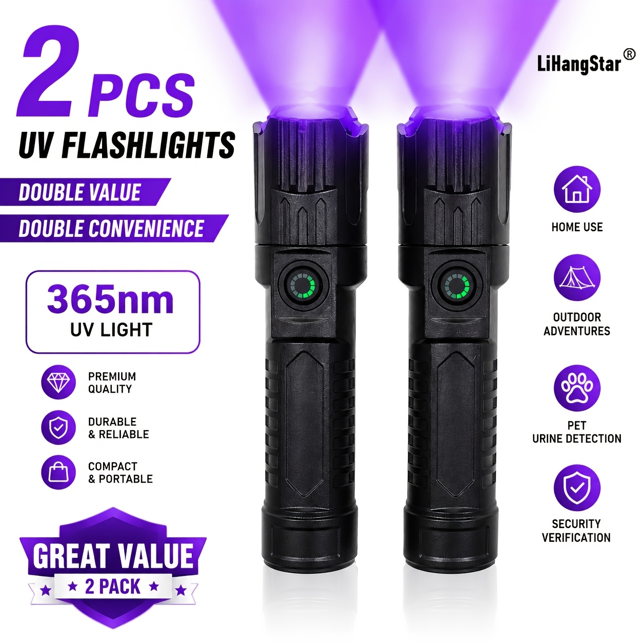 TEMU 2pcs Usb Rechargeable Uv Flashlight, Portable Tactical Uv Detection Light, Ideal For Detecting Pet Stains, Catching , Hotel , Detecting Car Ac