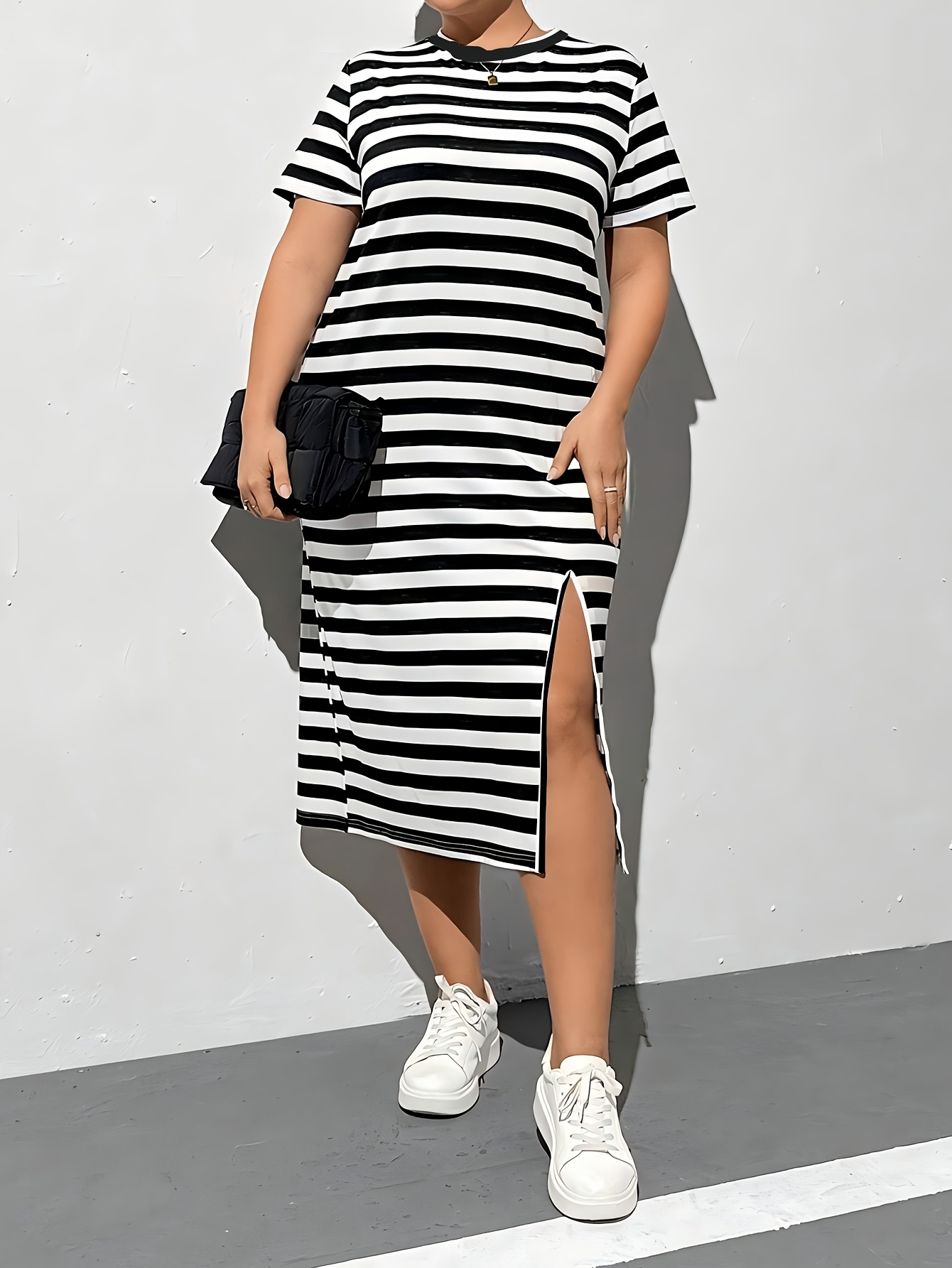 womens plus size striped t shirt dress casual crew neck - Temu Ghana